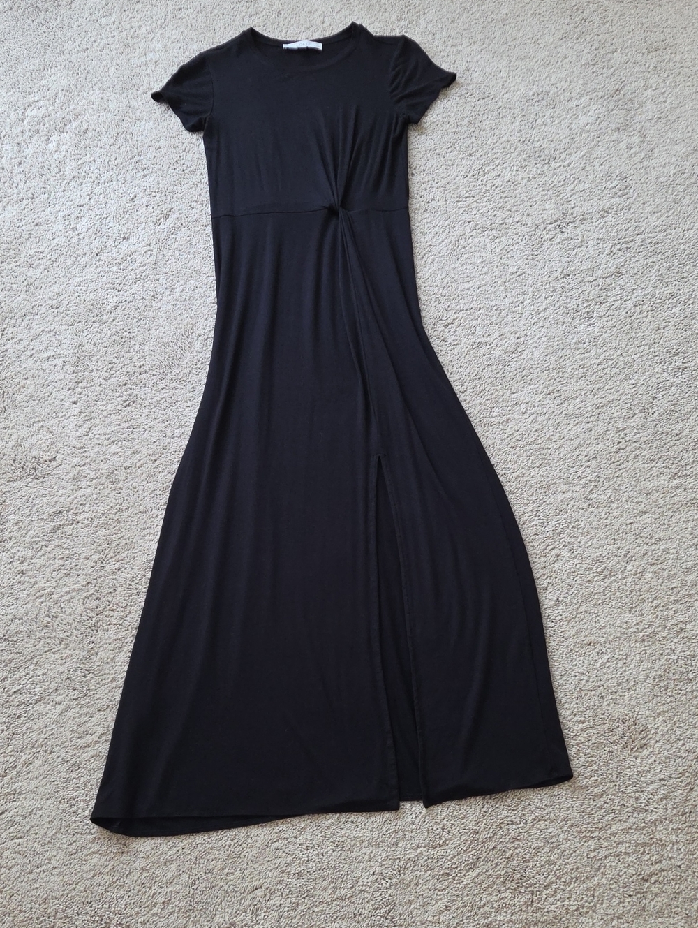 LOFT Black Short-Sleeve Maxi Dress with Side Twist and Slit